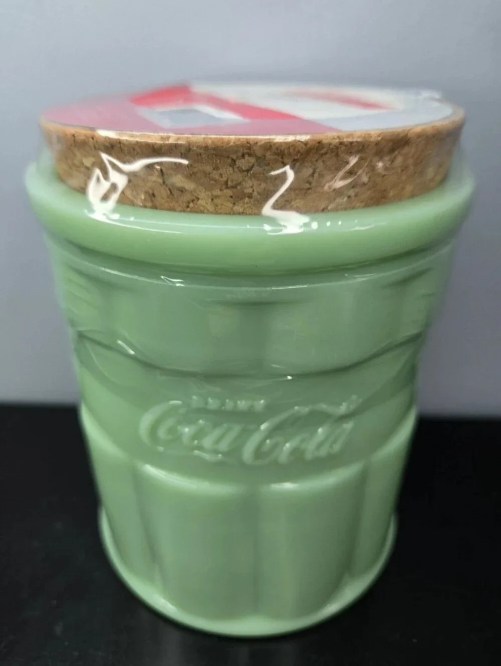 Green Jadeite Coca-Cola Glass Kitchen Canister New/Sealed 24oz w Cork Lid